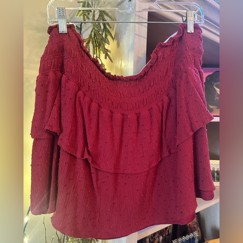 Red Swiss dot plus tiered mini skirt (Arula 2X)